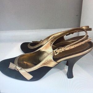 Gold and Black Slingback Heels with Bow